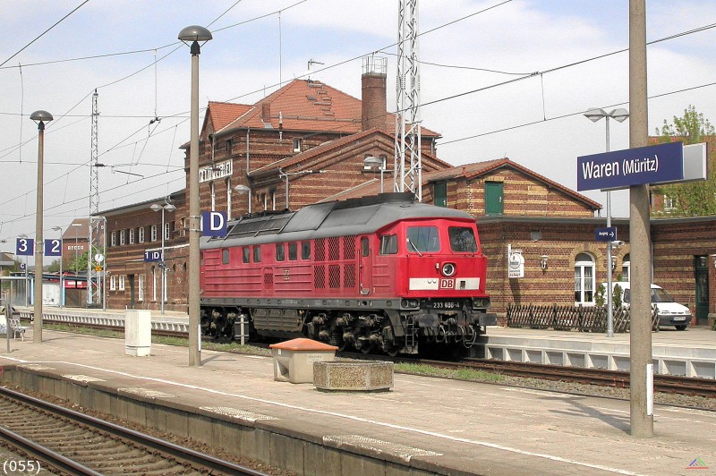 Bahn 055.jpg - Lok 233 696-4 aus Richtung Neustrelitz kommend bei der Ankunft in Waren an der Müritz
